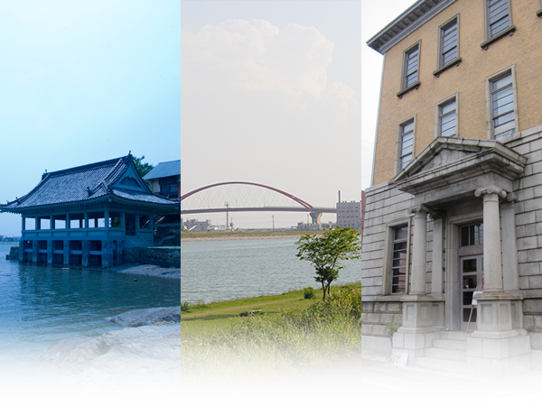 写真左：和歌の浦・観海閣（かんかいかく）、写真中：紀の川、写真右：小野町デパート