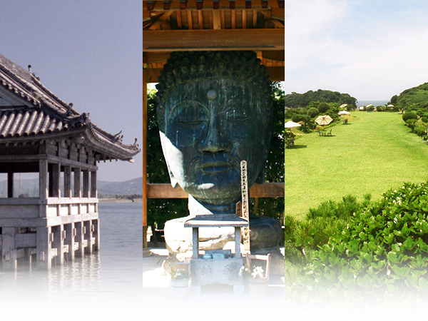 写真左：和歌の浦・観海閣（かんかいかく）、写真中：無量光寺（むりょうこうじ）の首大仏、写真右：番所庭園（ばんどこていえん）