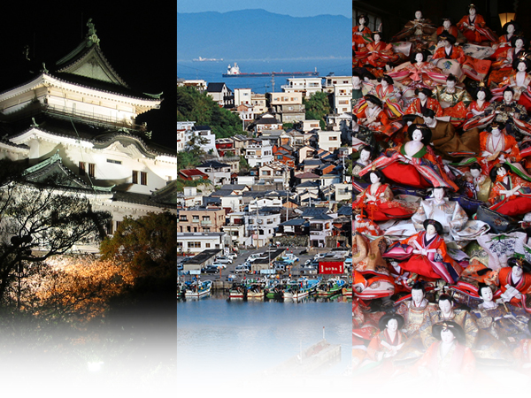 写真左：夜の和歌山城、写真中：雑賀崎の風景、写真右：淡嶋神社のひな人形