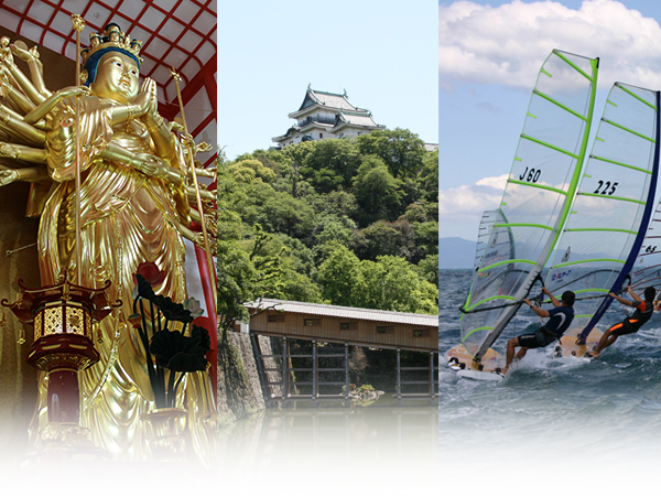 写真左：紀三井寺、写真中：和歌山城天守閣と御橋廊下、写真右：ウィンドサーフィン