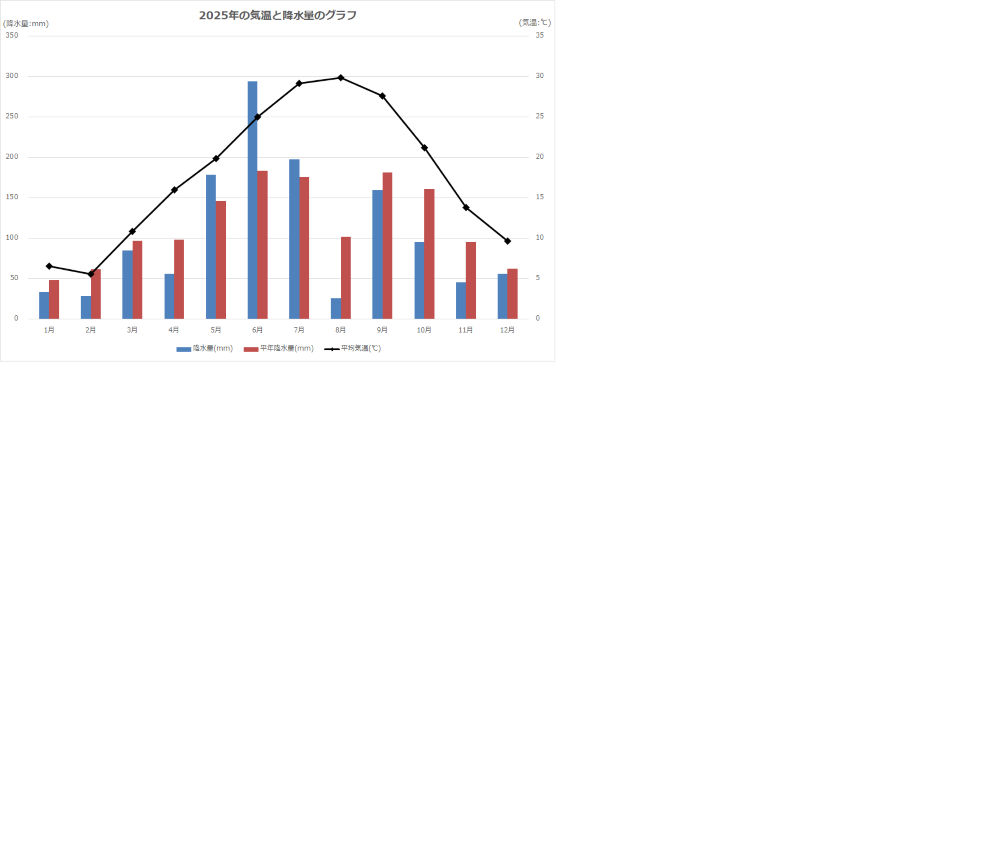 2025年1月から12月の気温と降水量のグラフ