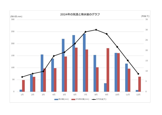 2024年1月から12月の気温と降水量のグラフ