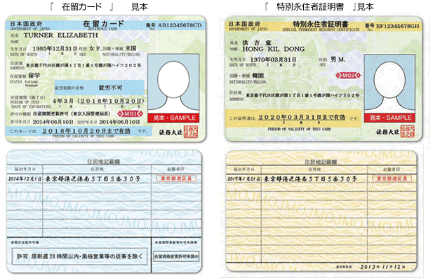 写真：在留カード及び特別永住者証明書の見本