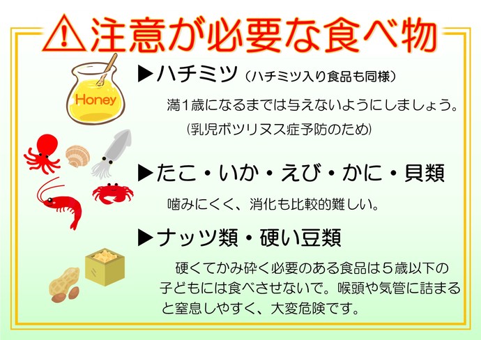 注意が必要な食べ物のイラストです。ハチミツは満1歳まで与えないようにしましょう。たこ・いか・えび・かに・貝類は噛みにくく、消化も比較的難しいものになります。ナッツ・硬い豆類は窒息・誤嚥のリスクが高いです。5歳以下はそのままでは食べさせないで。