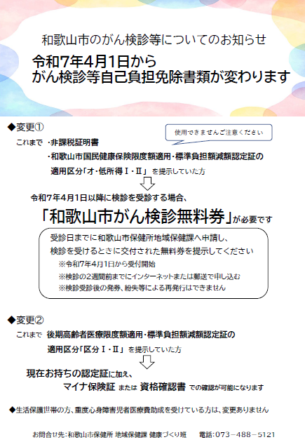 がん検診等自己負担免除書類の変更について